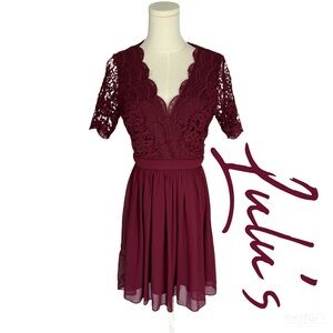 Lulus Burgundy Lace Scalloped Short Sleeve Fit & Flare Dress | Size M